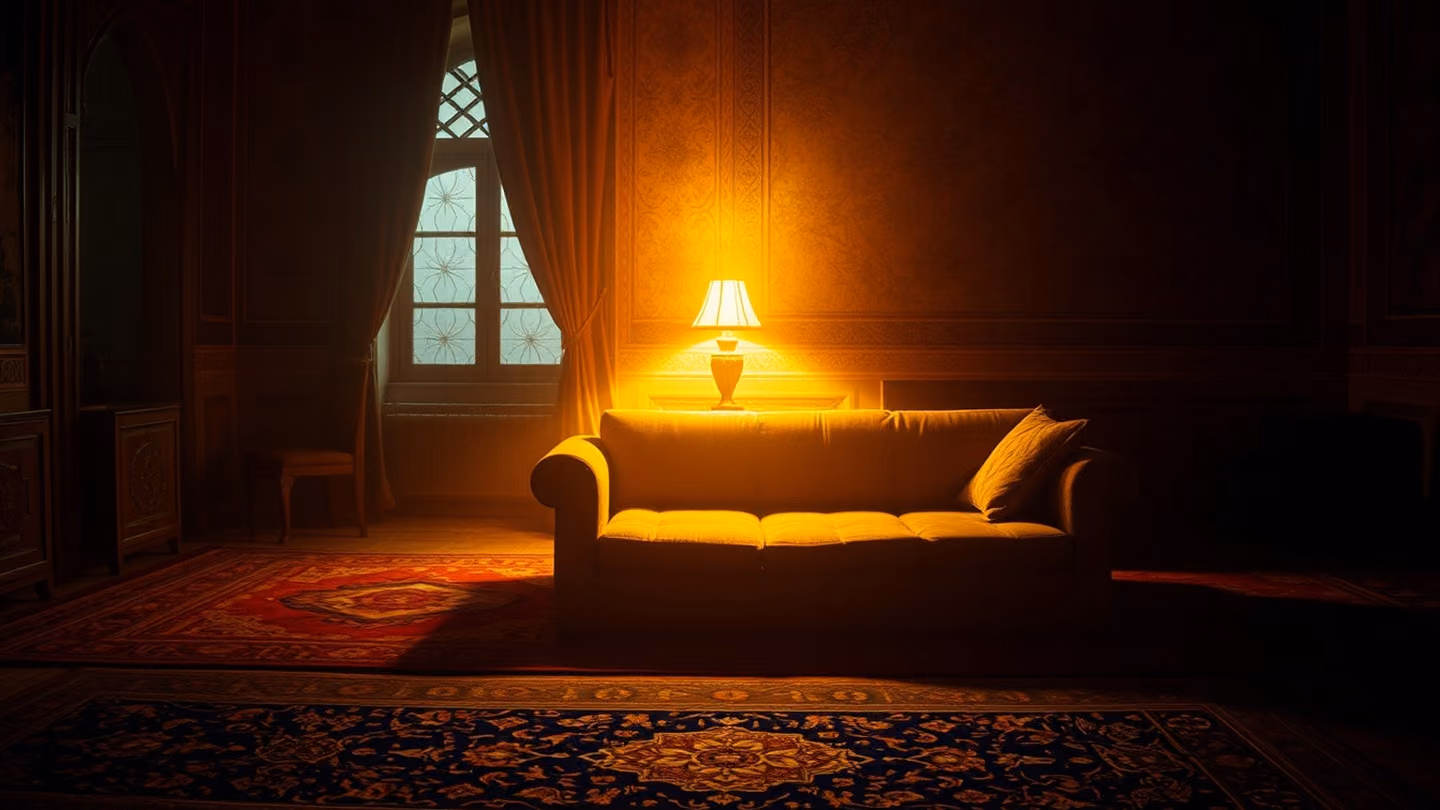 An intimate interior scene at night, a single low-slung sofa with intricate Persian rugs, warm golden light spilling from an unseen lamp, peaceful and melancholic.