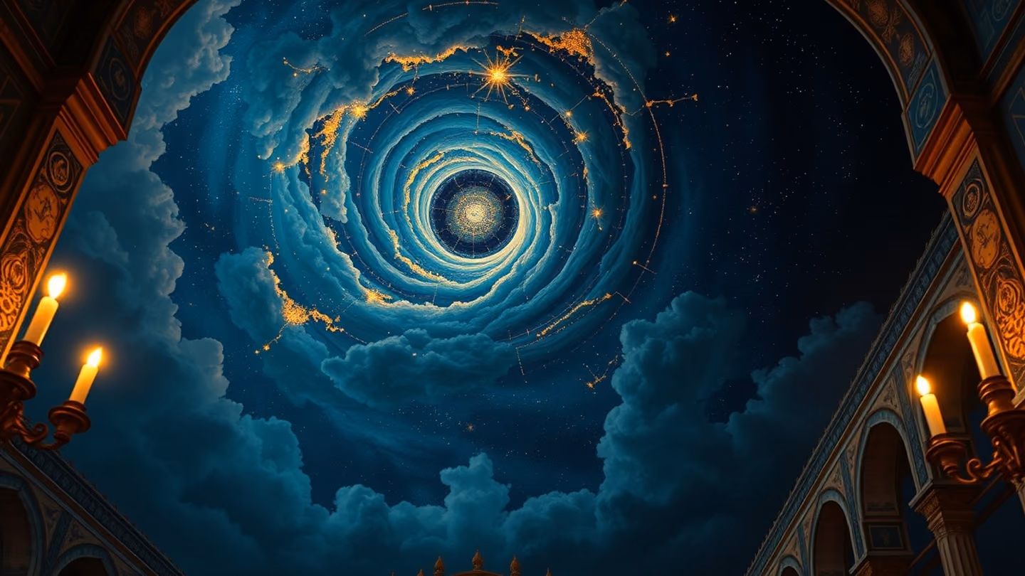 A vast, dark cosmic sky with a swirling celestial sphere, representing the passage of time, gold leaf accents in the clouds, miniature-style constellations.