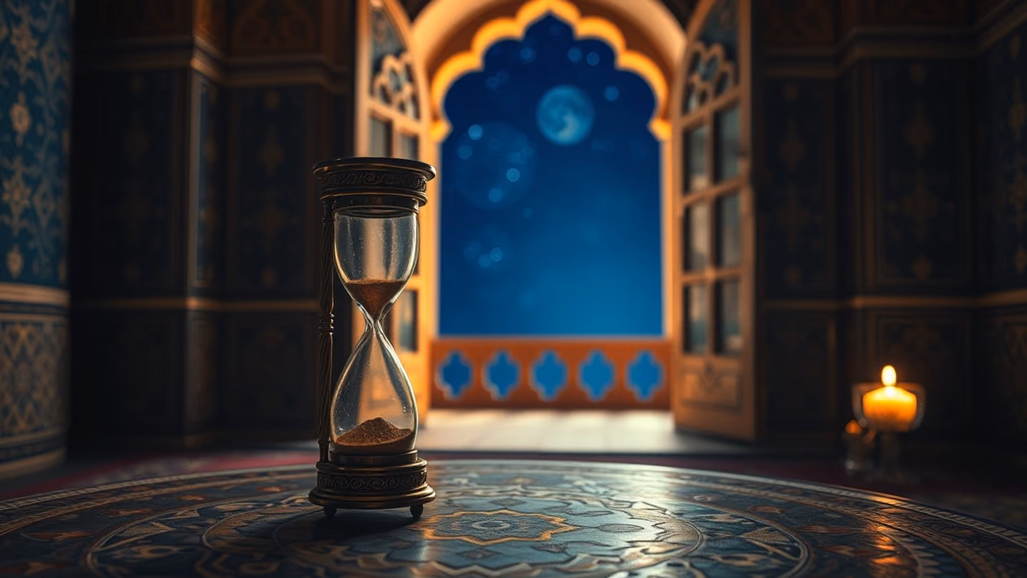 A lone, ornate hourglass sitting on a mosaic table, the sand inside glowing like embers, an open arched window revealing a deep indigo night sky.