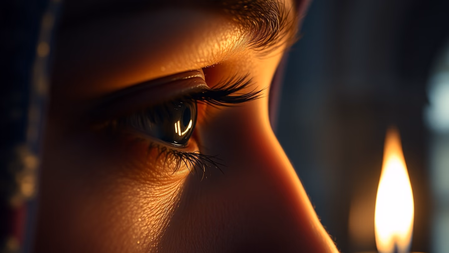 A close-up of a weary, beautiful eye reflecting the flickering flame of a distant candle, soft focus on the eyelashes, cinematic lighting.