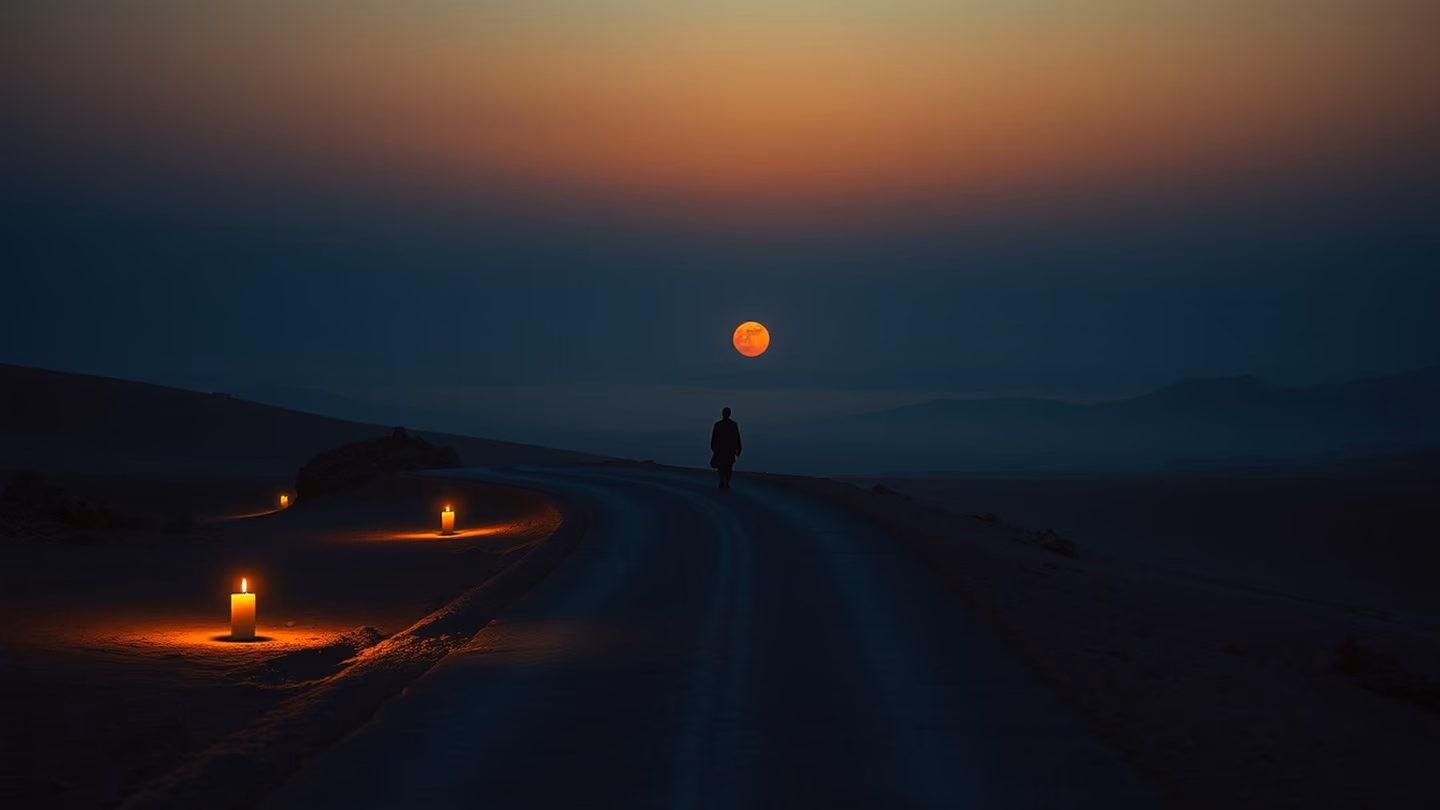 A winding, ancient road leading into a hazy desert horizon at twilight, a faint silhouette of a traveler walking toward the vanishing point.