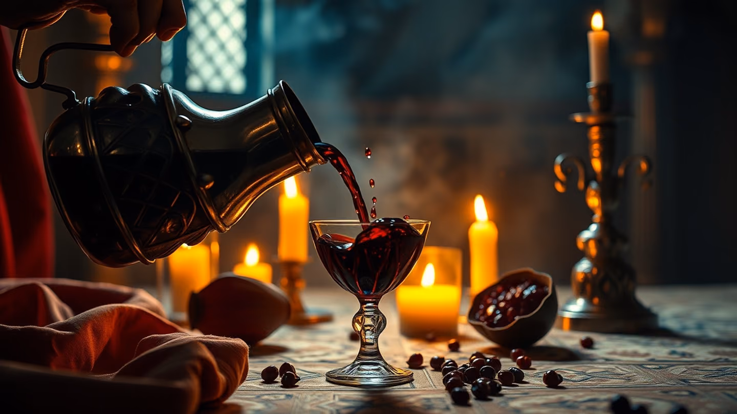 Pouring dark, viscous wine from a silver ewer into a delicate crystal cup, overflowing droplets catching the golden light, rich textures.