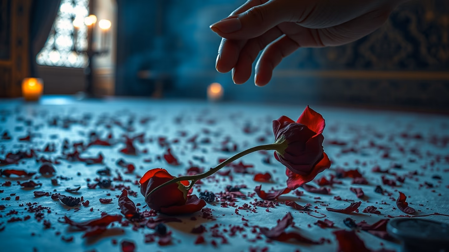 A hand holding a withered, crimson rose, petals delicately falling onto a surface covered in scattered, ink-stained parchment.