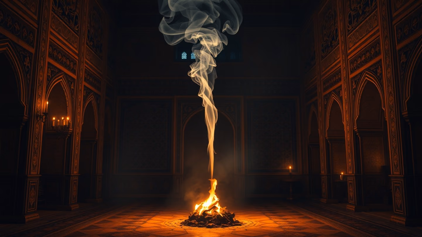 A single spark rising from a dying fire in a courtyard, transformed into a column of swirling smoke that ascends toward the stars.