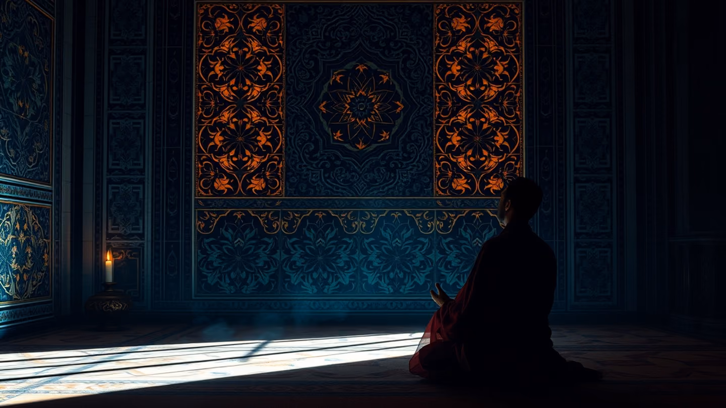 A silhouette of a dervish in a meditative pose against a wall of intricate, illuminated Persian tilework, long shadows stretching across the floor.
