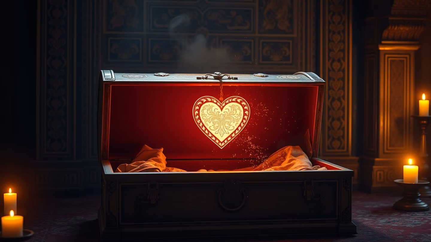 A chest split open, revealing a glowing, luminous heart-shaped medallion, dust motes dancing in the warm, ethereal light.
