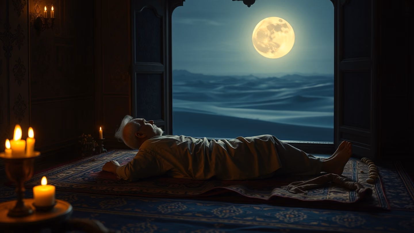 A lonely, elderly poet lying on a silk rug, back turned to a window where a cold moonlit desert landscape stretches into the horizon.