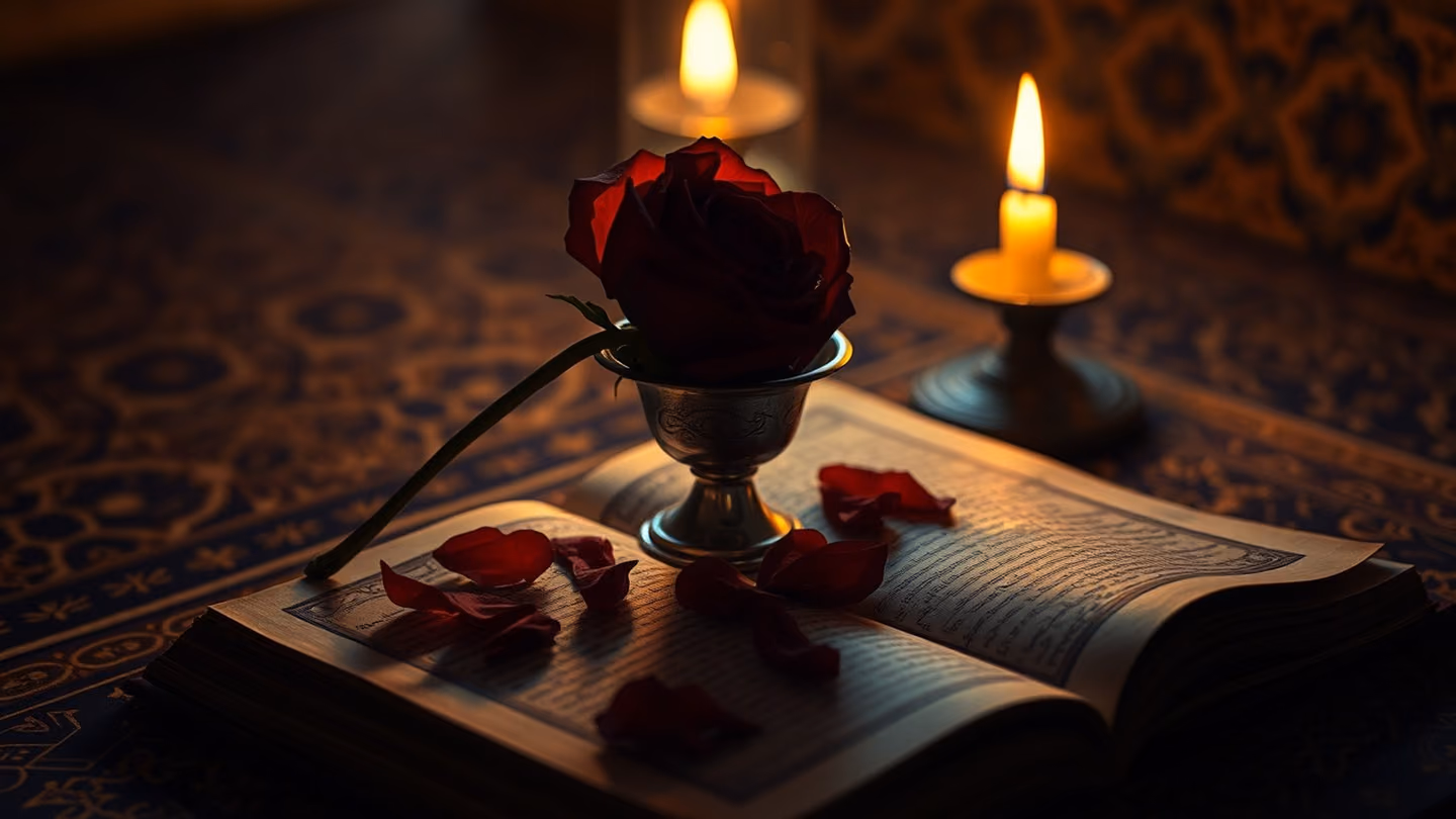 The silhouette of a wilted red rose in a silver chalice, petals falling onto a dusty manuscript, illuminated by a single warm candle flame.