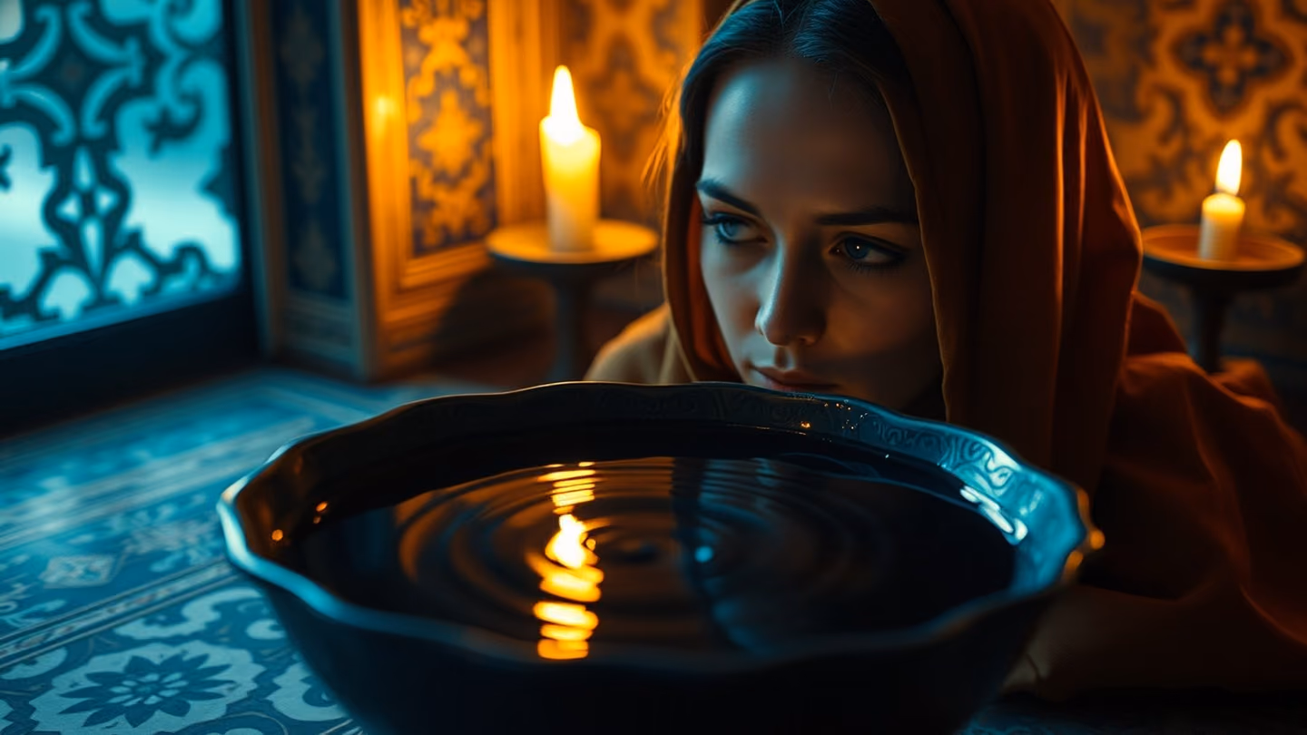 A pale, melancholic face reflecting in a bowl of dark wine, the surface rippled as if by a gentle breeze.