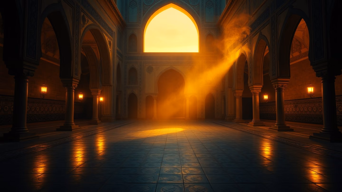 A vast, empty courtyard at twilight, swirling dust motes dancing in a sliver of golden light, architectural arches framing the void.