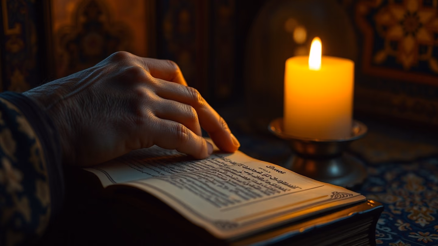 A close-up of a withered hand resting on an old, leather-bound volume, the candlelight catching the texture of the aged parchment.