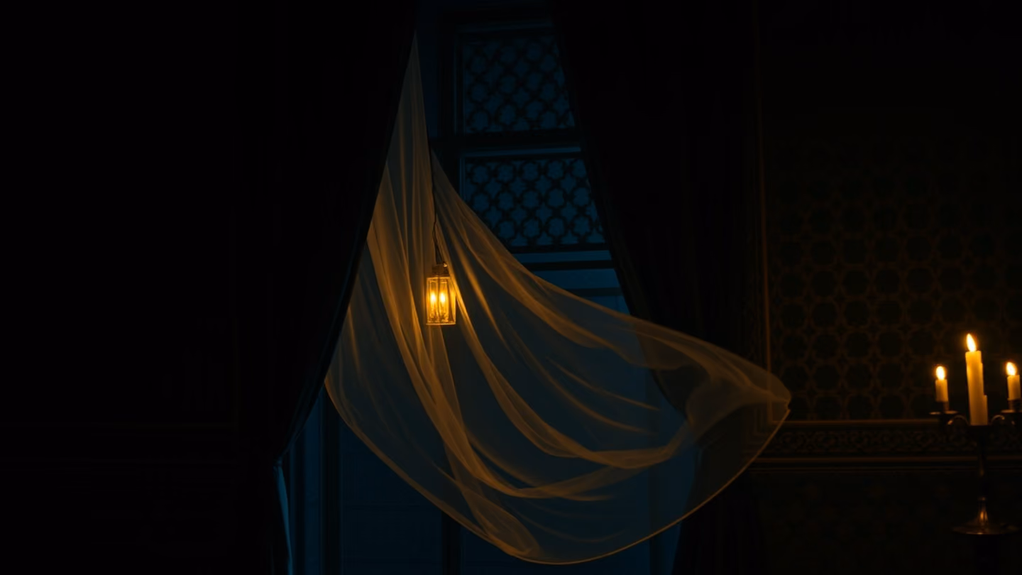 A ghostly, translucent breeze blowing through a hanging lattice window, stirring the heavy velvet curtains in a dark, silent chamber.