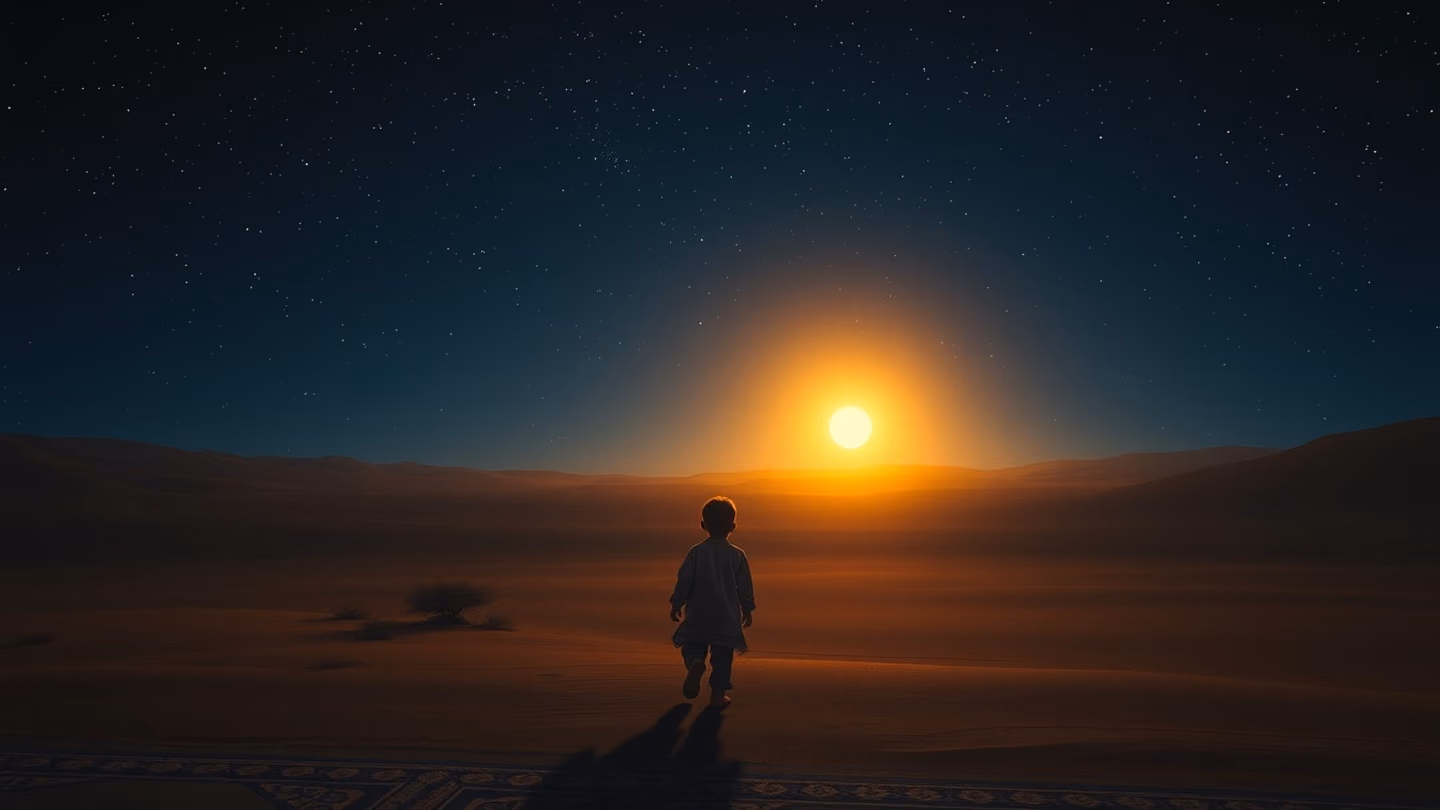 A young child walking toward a distant, glowing light in a vast, arid landscape under a deep indigo star-filled sky.