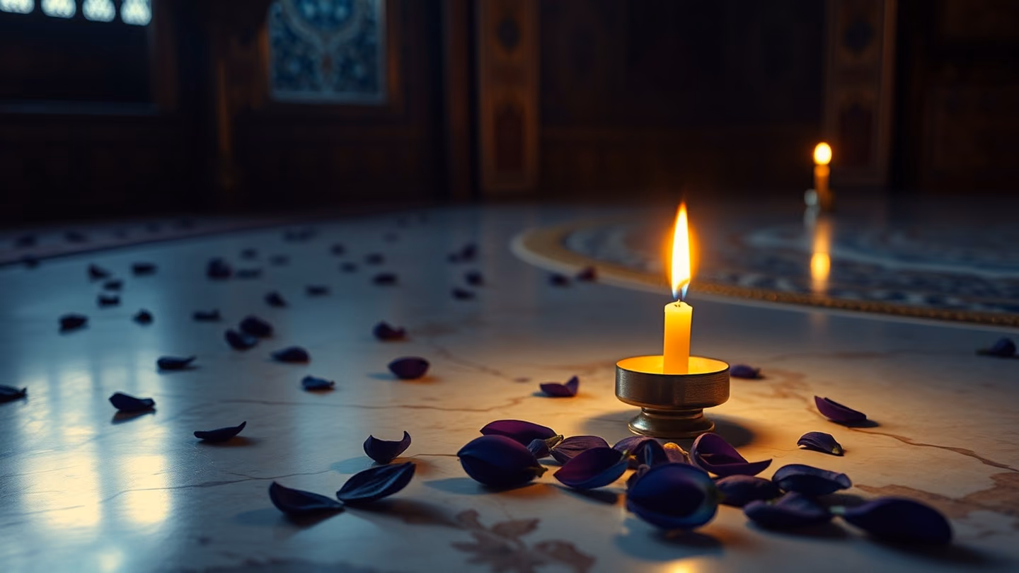 A single, unlit candle lying sideways on a marble floor, surrounded by fallen jasmine petals, soft moonlight filtering from above.