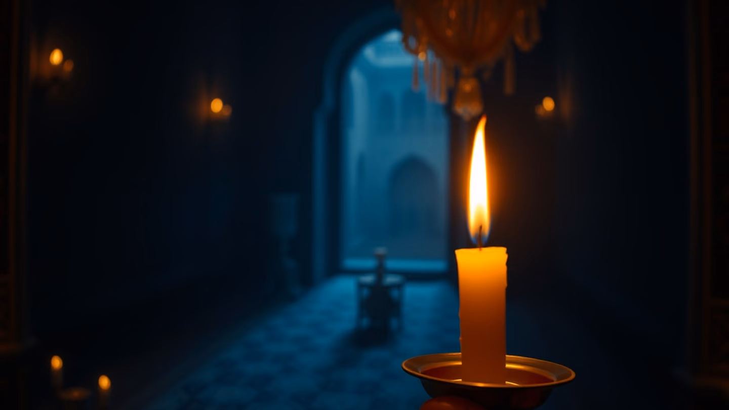 The final view of a flickering candle flame held in a brass holder, the wick glowing orange against the deep, infinite darkness of the room.