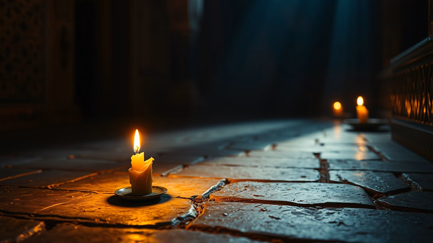 A lone, melting wax candle casting long, melancholic shadows on a weathered stone floor, embers glowing in the dark, cinematic close-up.