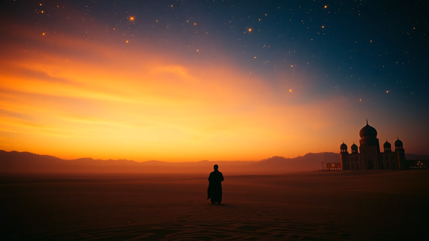 A silhouette of a dervish standing in a vast, arid desert under a twilight sky of deep indigo and shimmering gold stars.