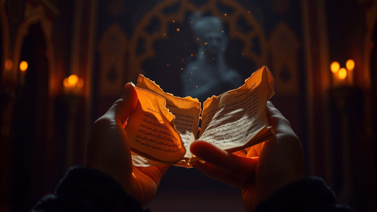 A pair of hands delicately holding a fragment of a torn, ancient parchment manuscript, floating dust motes illuminated by a single warm beam of light.