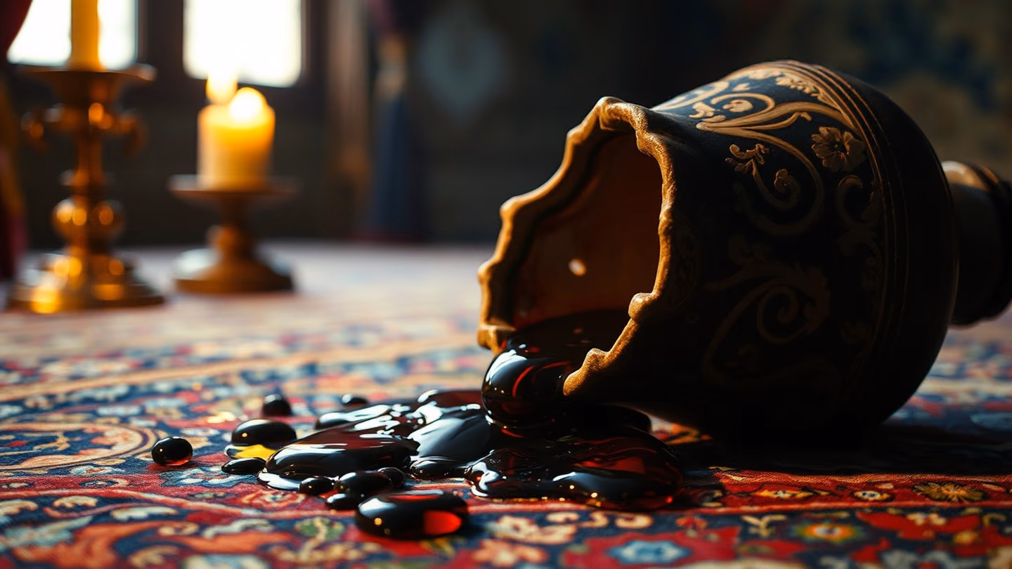 A close-up of a shattered ceramic wine vessel, with droplets of dark, ruby-red wine spilling onto a Persian carpet, opulent and tragic.