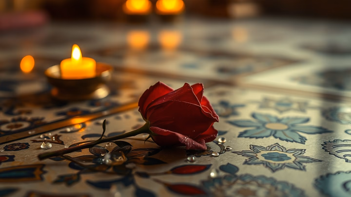 A lone, wilted rose resting on an ornate tiled mosaic surface, droplets of morning dew clinging to the petals, soft focus background.