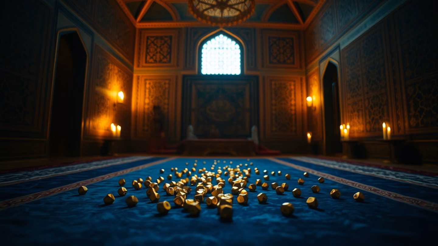 A rhythmic scattering of golden zar (dice) on a velvet cloth, set in a dimly lit, high-ceilinged room with intricate geometric wall patterns.