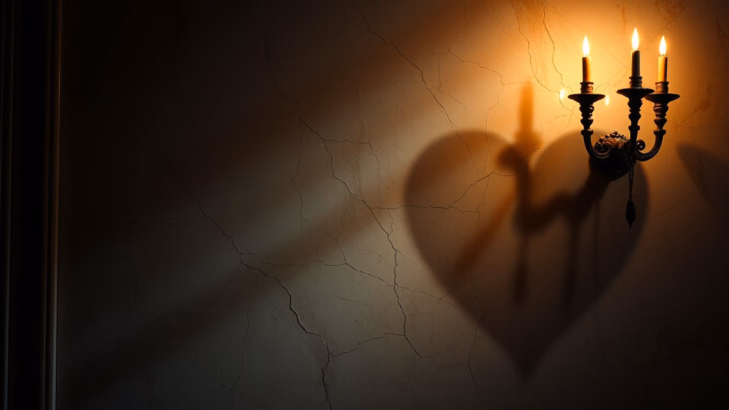 A heart-shaped shadow cast upon a cold, cracked marble wall, flickering light from an unseen source, moody and atmospheric.