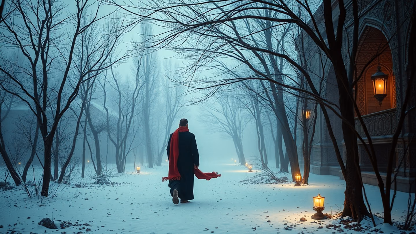 A dervish wandering through a silent, snow-covered garden of bare trees, a single red scarf contrasting against the cool desaturated tones.