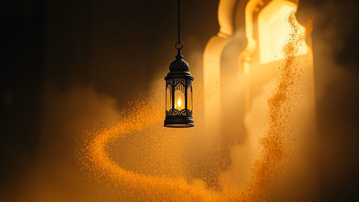 A solitary, ornate metal lantern hanging in a void, its light illuminating a swirling dust storm of golden particles, wide landscape composition.