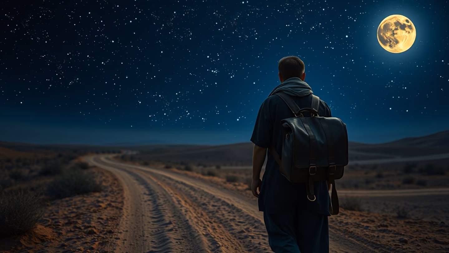 A tired traveler walking a dusty, ancient desert path under a vast, star-filled Persian night sky, carrying a worn leather satchel, moonlit horizons.