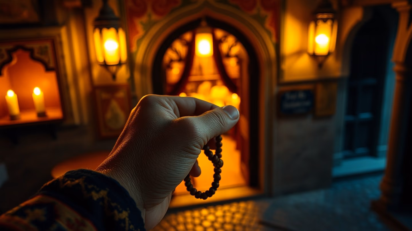 A close-up of a weathered hand clutching a wooden prayer bead, set against the backdrop of a glowing, lantern-lit tavern doorway, warm light spilling onto a cobblestone street.