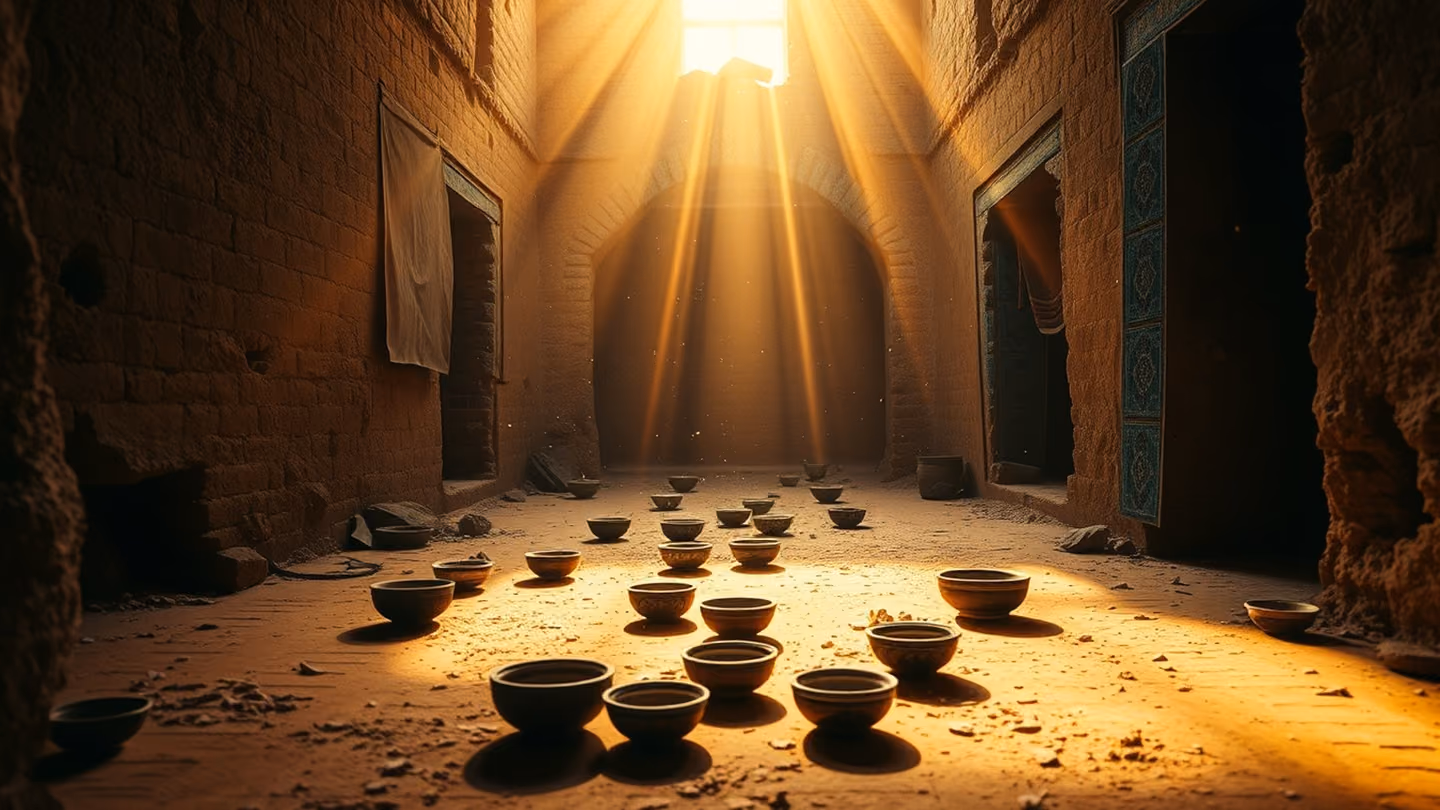 Interior of a ruined mud-brick house bathed in golden hour shafts of light, dust motes dancing in the air, antique ceramic bowls scattered on a clay floor.