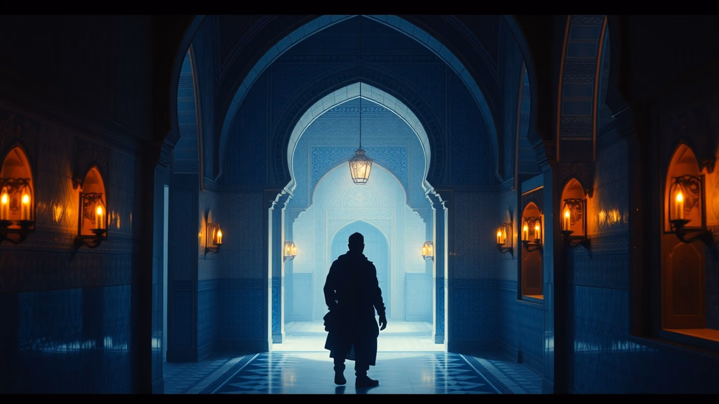A silhouette of the traveler reflecting on the transformation from a weary wanderer to a seeker of wisdom, standing within a courtyard of blue-tiled arches.