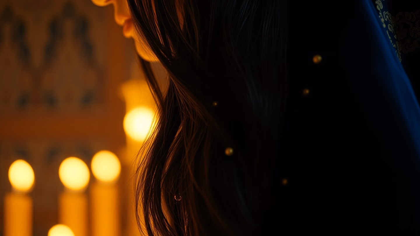 Close-up of cascading dark hair adorned with tiny gold trinkets, soft bokeh light, evocative of the beloved's presence, rich velvet drapery.