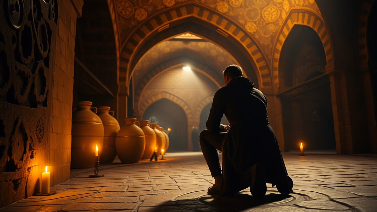 The traveler kneeling at the threshold of an ancient winery, rows of giant clay qvevri jars visible in the dim, amber-lit cellar, intimate atmosphere.