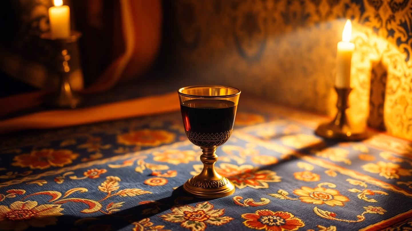 A golden cup of wine resting on a silk carpet embroidered with floral patterns, light reflecting off the liquid, candlelight shadows on the wall.