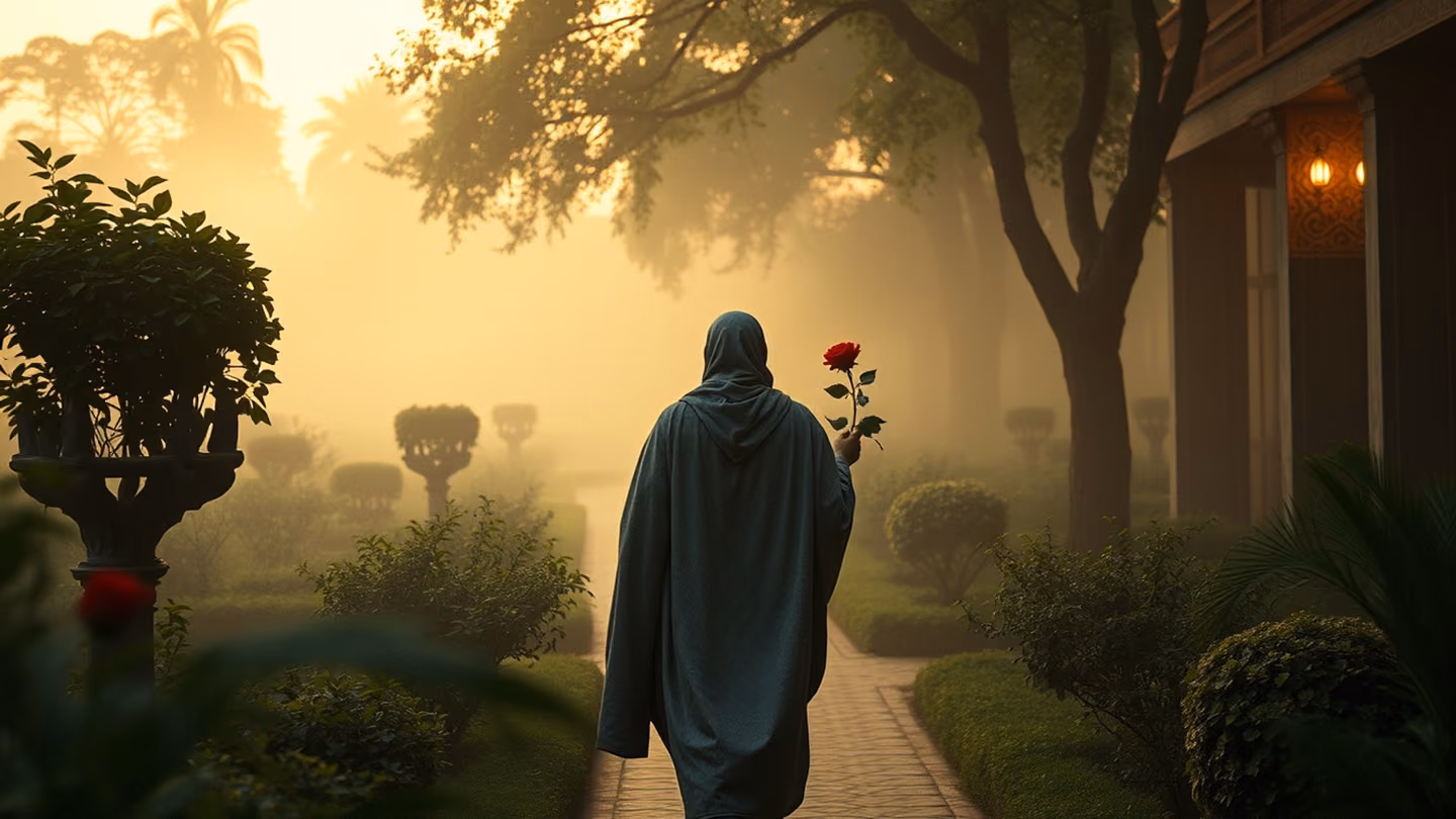 A dervish-like figure walking through a lush garden at dawn, holding a single red rose, soft morning mist, serene and poetic.