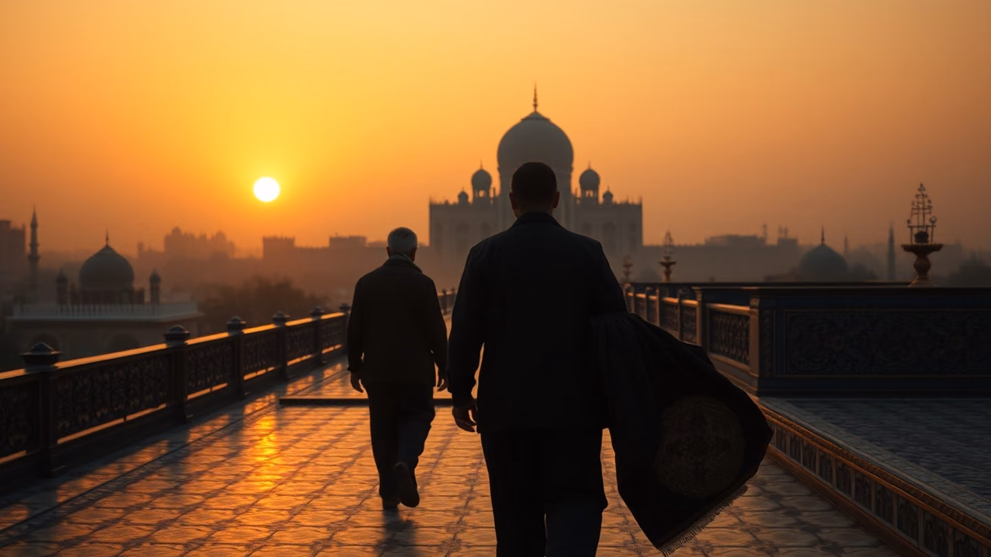 The traveler and a companion walking away into a distant sunset, toward a distant palace dome, gold and indigo hues, cinematic wide-angle shot.