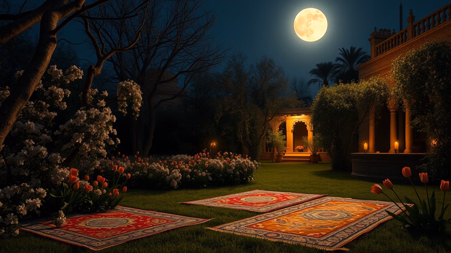 A lush spring garden at night under a full moon, blooming night-jasmine and tulips, ethereal silver moonlight casting long soft shadows on Persian silk rugs spread on the grass.