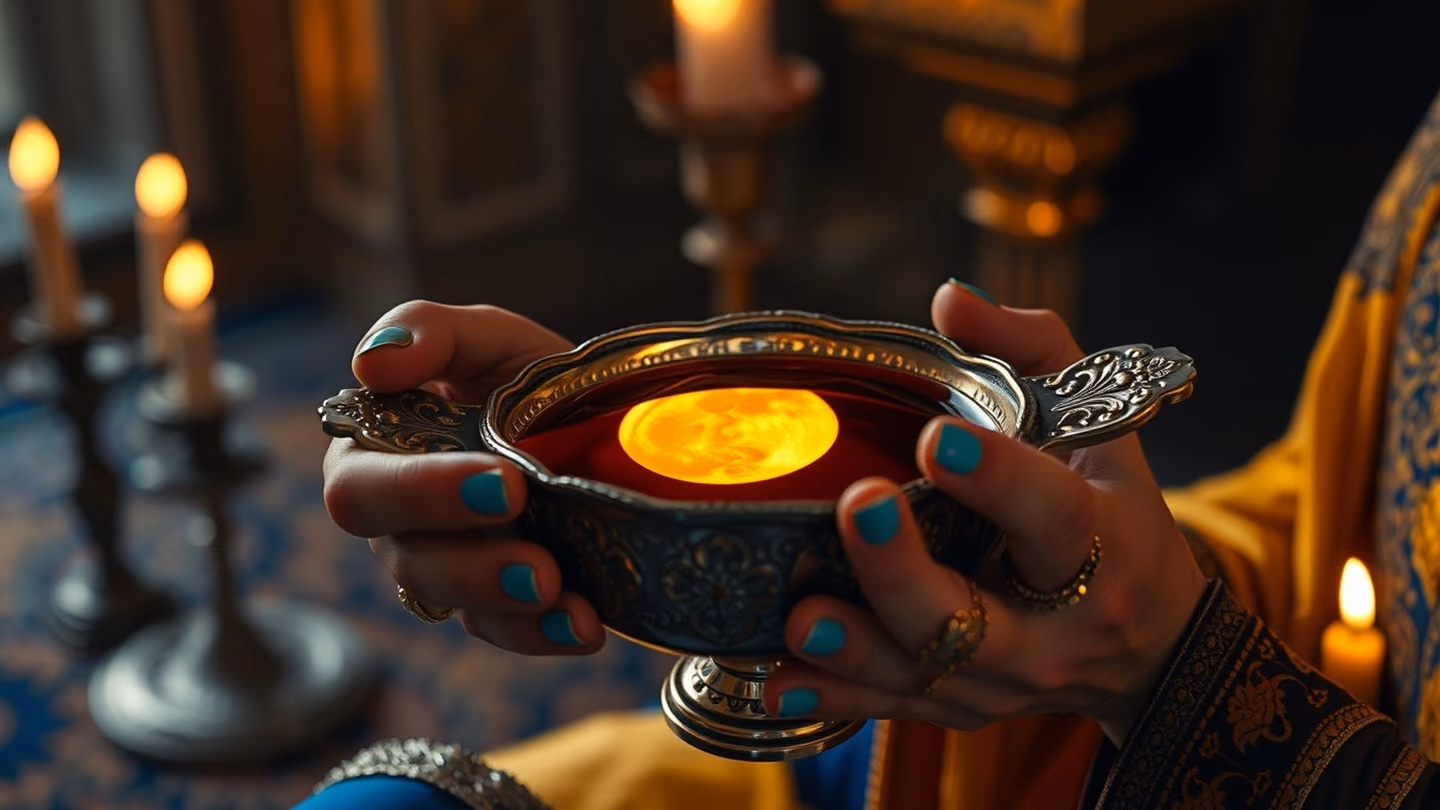 A glowing golden moon reflecting in an ornate silver bowl filled with wine, held by a pair of slender hands adorned with turquoise rings, close-up, warm candlelight.