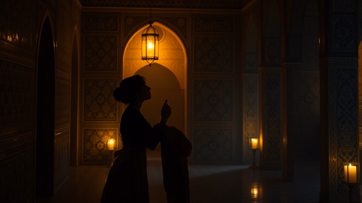 A graceful silhouette of a lover leaning in to kiss the hand of a companion in a dimly lit, tiled courtyard, intricate zellij patterns on the walls, golden lantern glow.