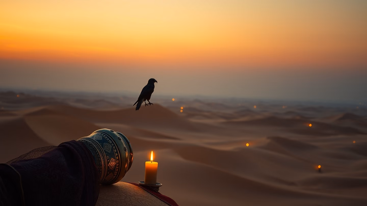 A royal desert horizon at twilight, a falcon perched on a golden gauntlet, the sky shifting from deep indigo to burning orange, vast sand dunes, cinematic wide shot.
