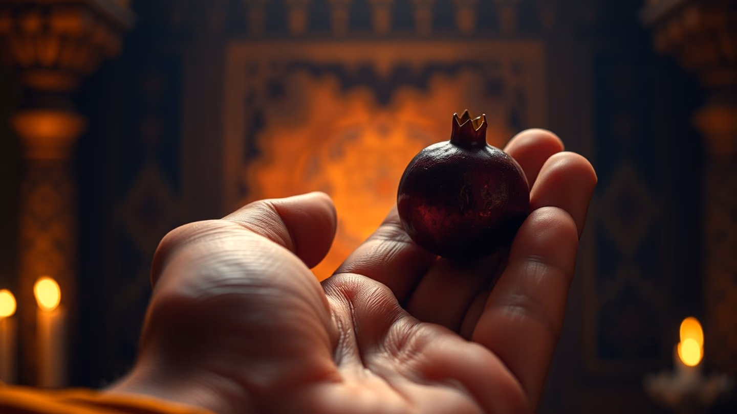 A close up of a hand offering a single, perfect pomegranate seed like a jewel, textured skin, warm ambient light, symbolic of a trap set by love.