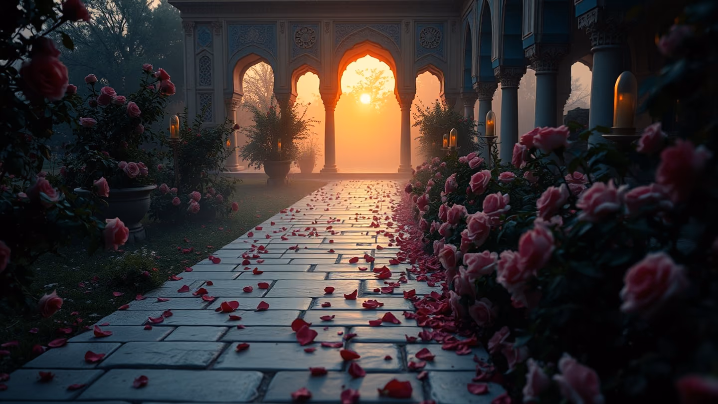 A path leading through a rose garden at dawn, scattered petals on the stone floor, a sense of longing and reach, soft morning mist, atmospheric depth.