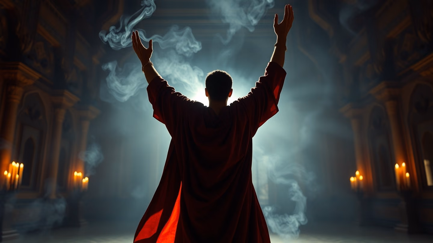 A dervish-inspired pose with arms reached upward toward an unseen light, wearing a flowing robe of deep crimson silk, surrounded by swirling incense smoke.