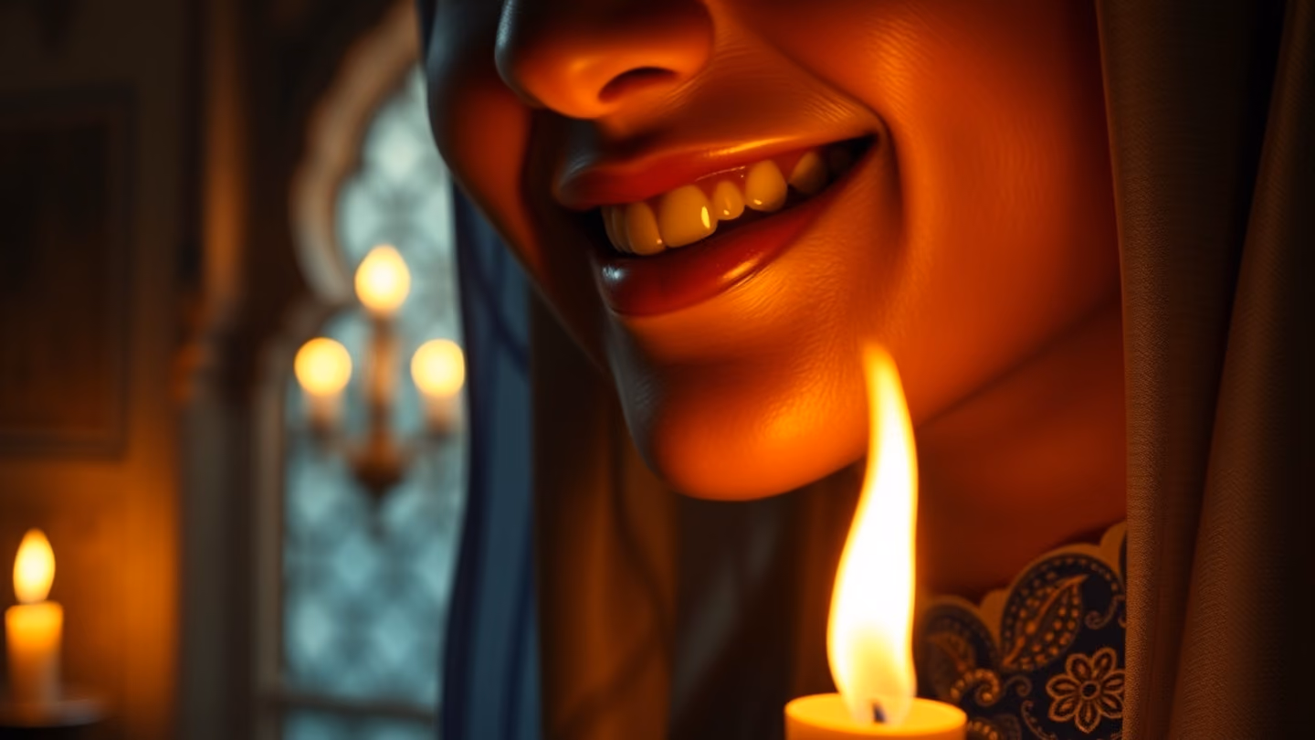 A close-up of a smiling face, lips slightly parted, illuminated by the warm, reflected light of a golden belt buckle, capturing a moment of pure joy and grace.