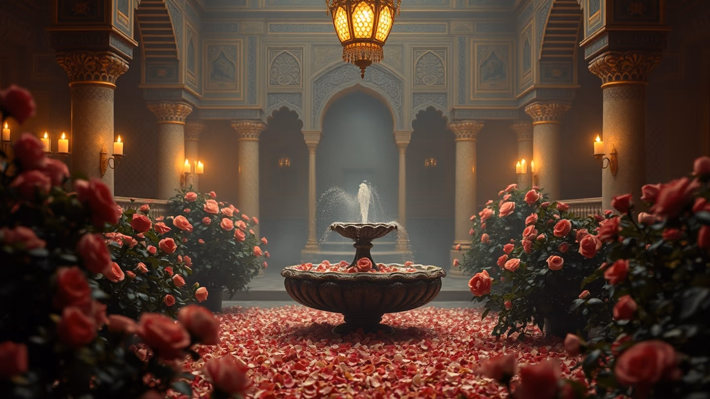 An ornate garden sanctuary filled with rose bushes, a fountain overflowing with rose petals, the scene fading into a dreamlike painterly golden glow.