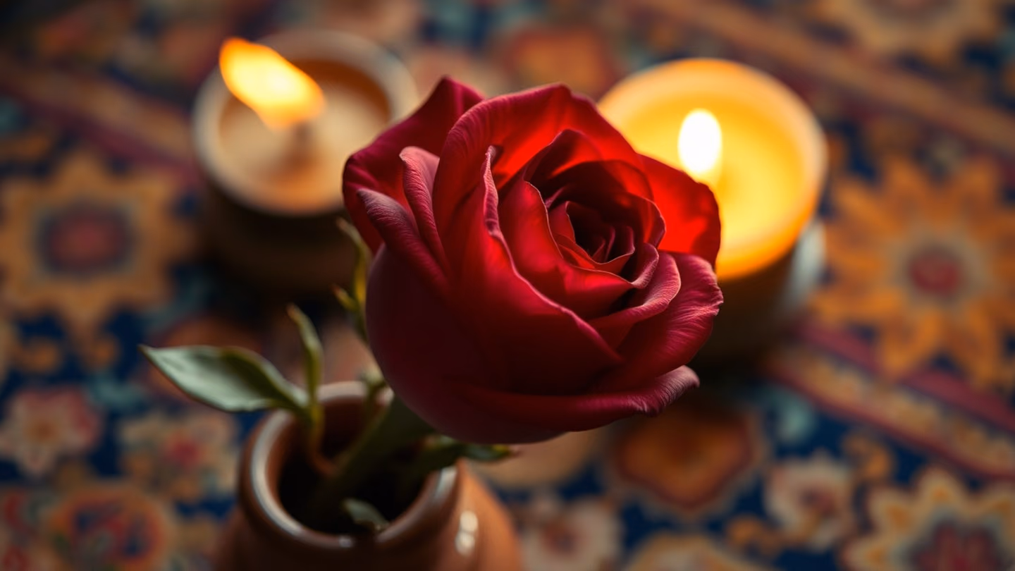 A single vibrant rosebud blooming in a ceramic vase, petals stained with deep crimson, softly lit by a flickering flame, macro shot, blurred background of Persian carpet patterns.