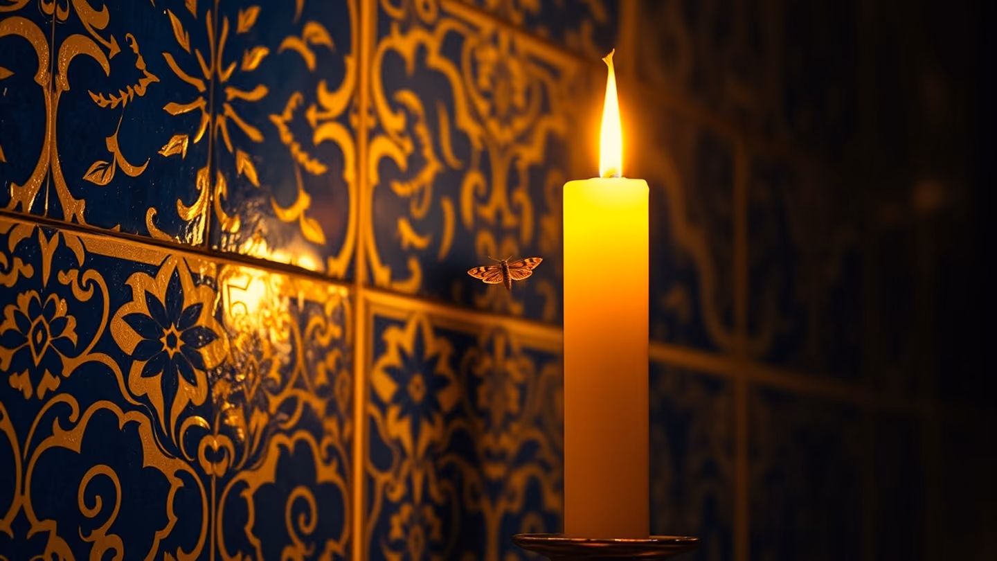 A lone, delicate moth circling a tall, golden beeswax candle, warm glow casting long shadows on an ornate wall with intricate azure tilework.