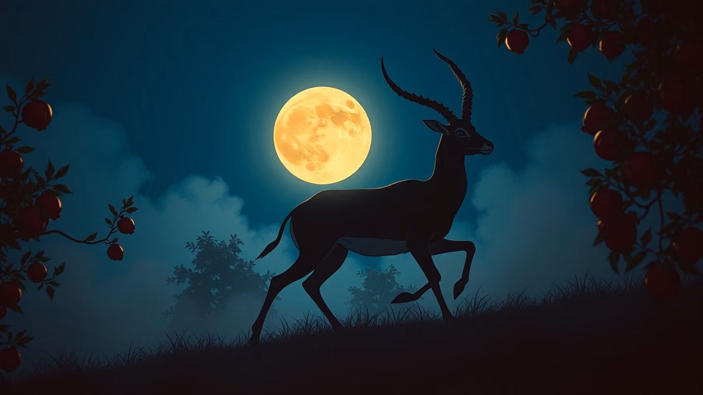 A graceful silhouette of a gazelle moving through a moonlit garden of pomegranate trees, deep indigo night sky, ethereal silver mist.