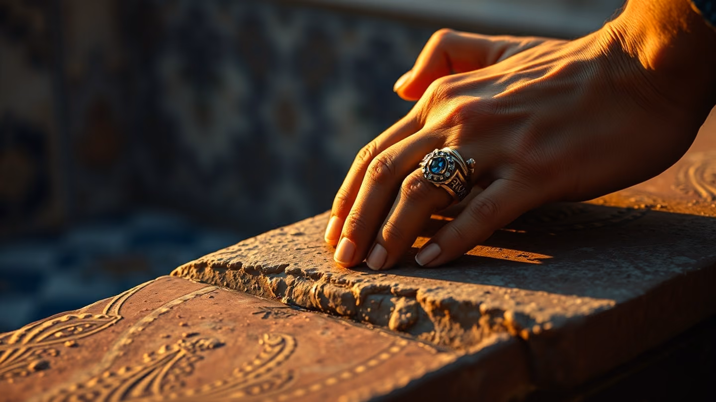 A close-up of a hand with ornate rings resting on a weathered stone ledge, a single sharp thorn cutting into the skin, warm golden hour light.